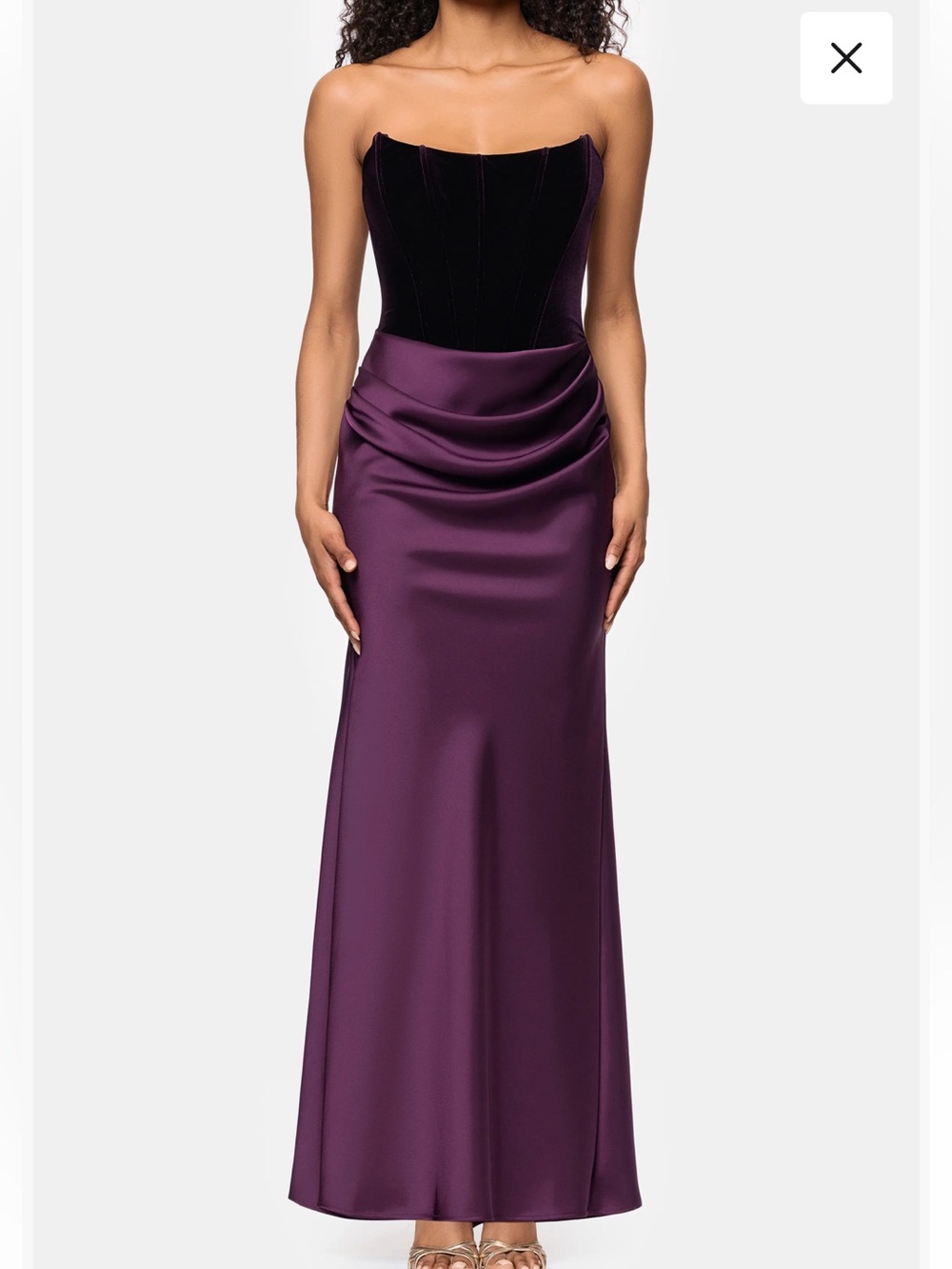 new Betsy and Adam velvet and satin strapless corset gown in plum wine color